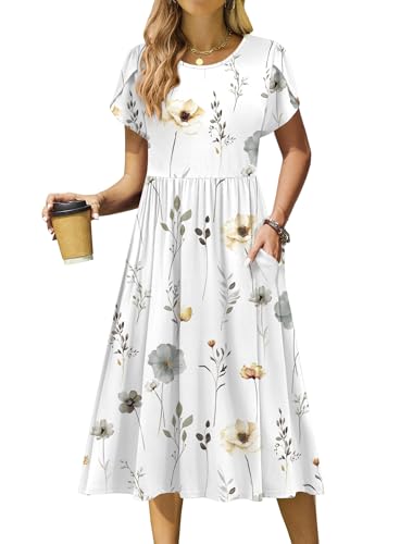 Zeagoo Women Summer Short Sleeve Midi Dress with Pockets Casual Aline Flowy Tshirt Dress Floral Vocation Beach Sundress