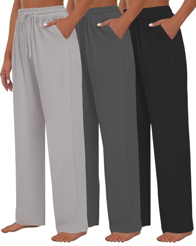 3 Pack Womens Yoga Sweatpants Wide Leg Lounge Pajamas Pants Drawstring Workout Comfy Joggers Sweatpants Pants Pockets